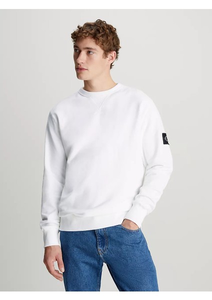Erkek Badge Bisiklet Yaka Sweatshirt - Beyaz
