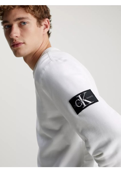 Erkek Badge Bisiklet Yaka Sweatshirt - Beyaz