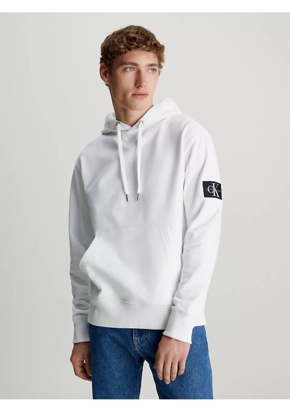 Calvin Klein Erkek Rozetli Kapüşonlu Sweatshirt - Beyaz