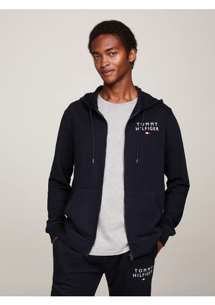 Erkek Fermuarlı Kapüşonlu Sweatshirt-Mavi