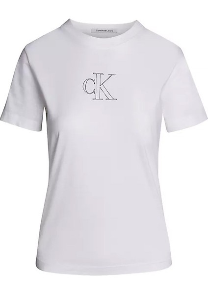 Calvin Klein Kadın Outlıned Ck Regular Tee T-Shirt-Beyaz