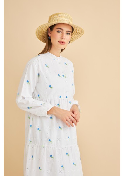 Guıpure Nakışlı Düğmeli Brode Oversize Mavi Elbise fiyatları