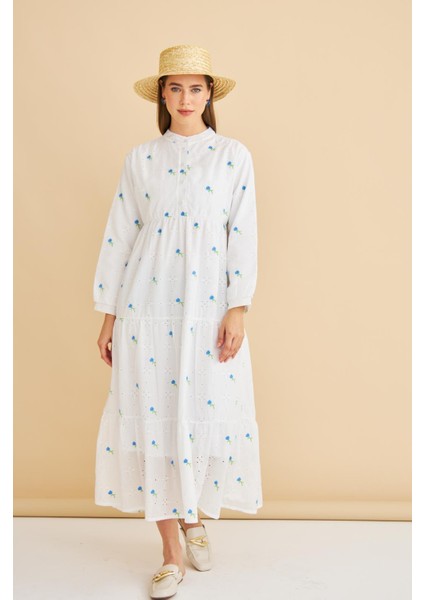 Guıpure Nakışlı Düğmeli Brode Oversize Mavi Elbise modelleri