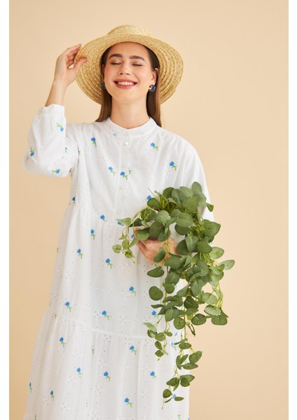 Guıpure Nakışlı Düğmeli Brode Oversize Mavi Elbise fırsatları