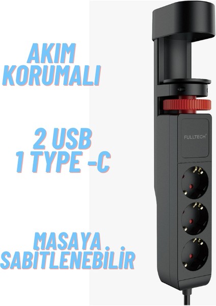 Akım Korumalı Priz Masa Kenarı Ayarlanabilir 3 Priz + 2 USB + 1 Type C Güç Düğmeli Girişli Priz Ftr-19
