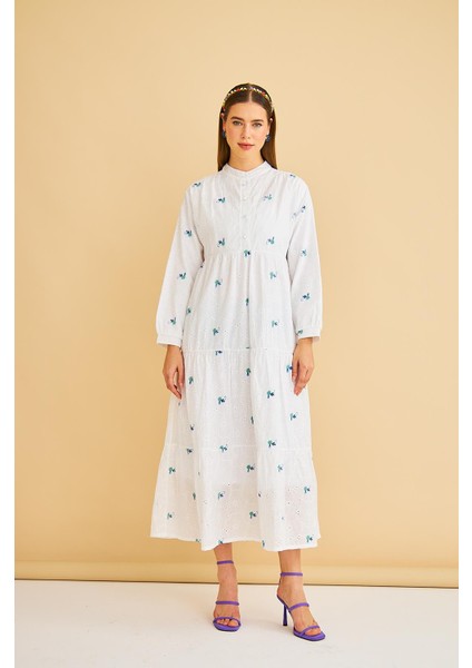 Guıpure Nakışlı Düğmeli Brode Oversize Yeşil Elbise