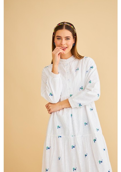 Guıpure Nakışlı Düğmeli Brode Oversize Yeşil Elbise fiyatları