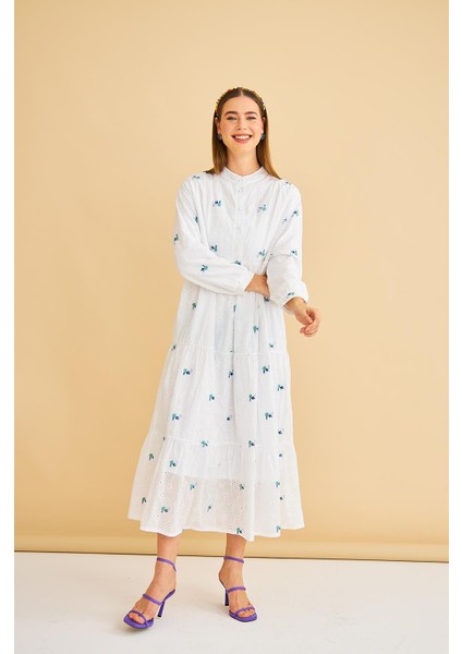 Guıpure Nakışlı Düğmeli Brode Oversize Yeşil Elbise modelleri