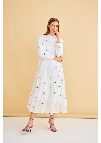 Guıpure Nakışlı Düğmeli Brode Oversize Yeşil Elbise fırsatları