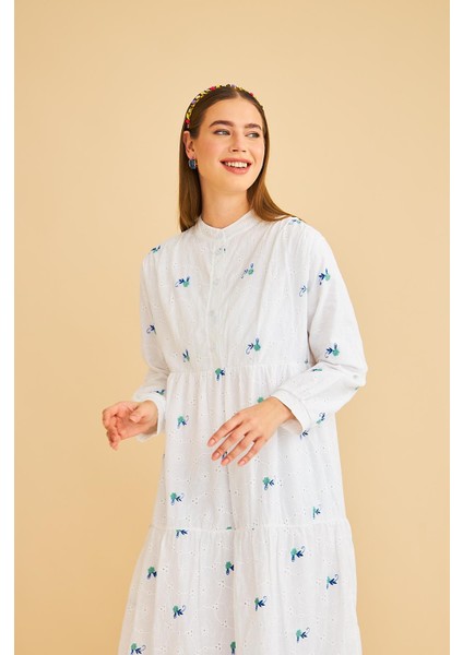 Guıpure Nakışlı Düğmeli Brode Oversize Yeşil Elbise indirimleri