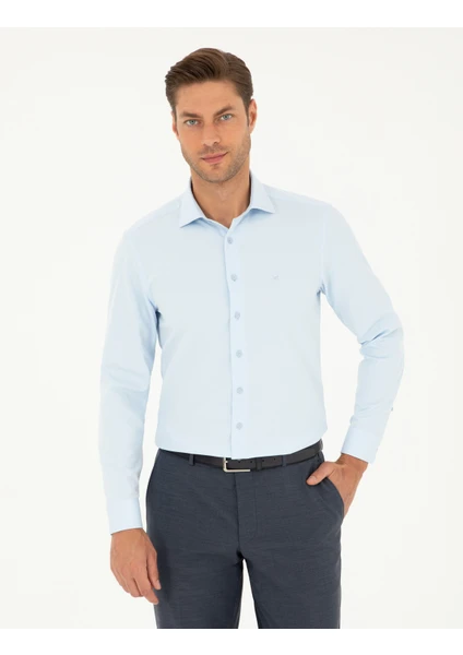 Pierre Cardin Erkek Açık Mavi Slim Fit Armürlü Uzun Kollu Gömlek 50298046-VR003