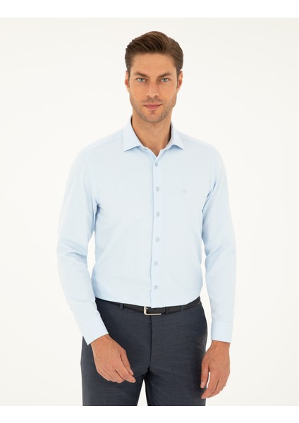 Pierre Cardin Erkek Açık Mavi Slim Fit Armürlü Uzun Kollu Gömlek 50298046-VR003