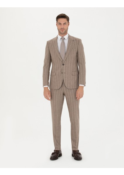 Erkek Bej Çizgili Ekstra Slim Fit Yün Takım Elbise 50274534-VR011
