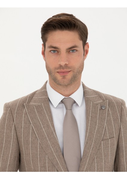 Erkek Bej Çizgili Ekstra Slim Fit Yün Takım Elbise 50274534-VR011 fiyatları