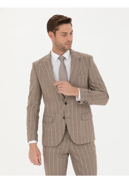 Erkek Bej Çizgili Ekstra Slim Fit Yün Takım Elbise 50274534-VR011 modelleri