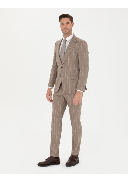 Erkek Bej Çizgili Ekstra Slim Fit Yün Takım Elbise 50274534-VR011 fırsatları