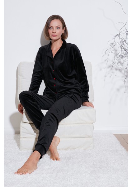 Parlak Kadife Ribanalı Pijama Takımı Bayan Pijama Takımı 6097110