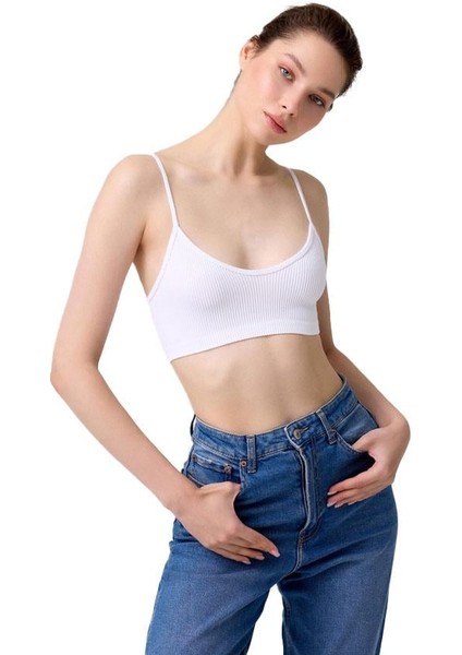 Cottonhill Premium - Kadın Beyaz Seamless Ip Askılı Crop Top Büstiyer