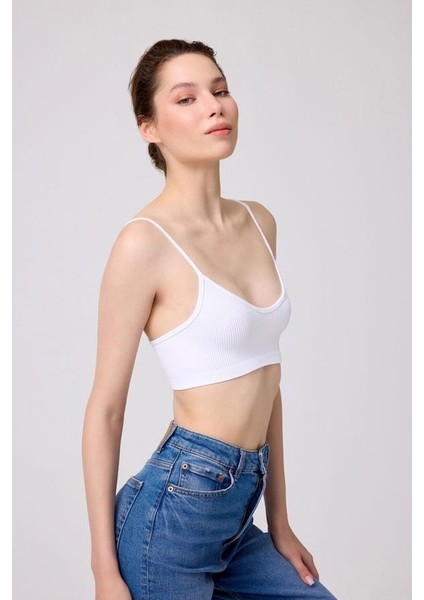 Cottonhill Premium - Kadın Beyaz Seamless Ip Askılı Crop Top Büstiyer