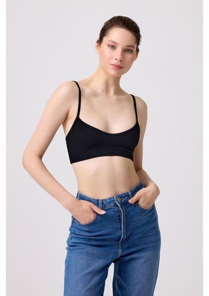 Cottonhill Premium - Kadın Siyah Seamless Ip Askılı Crop Top Büstiyer