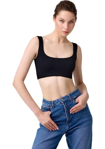 Cottonhill Premium - Kadın Siyah Seamless Kare Yaka Crop Top Büstiyer