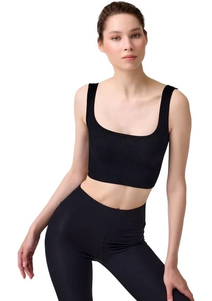 Cottonhill Premium - Kadın Siyah Seamless Orta Boy Kare Yaka Crop Top Büstiyer