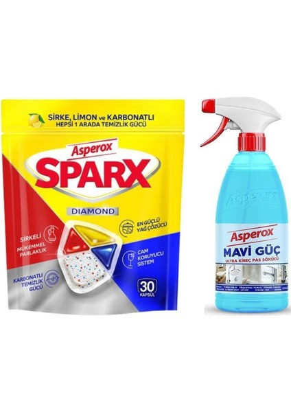 Sparx 30 Kapsül Bulaşık Makinesi Tableti + Mavi Güç Kireç ve Pas Sökücü 1000 ml Sprey (2'li Set)