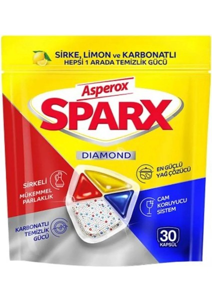 Sparx 30 Kapsül Bulaşık Makinesi Tableti + Mavi Güç Kireç ve Pas Sökücü 1000 ml Sprey (2'li Set)