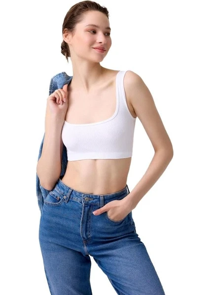 Cottonhill Premium - Kadın Beyaz Seamless Kare Yaka Crop Top Büstiyer