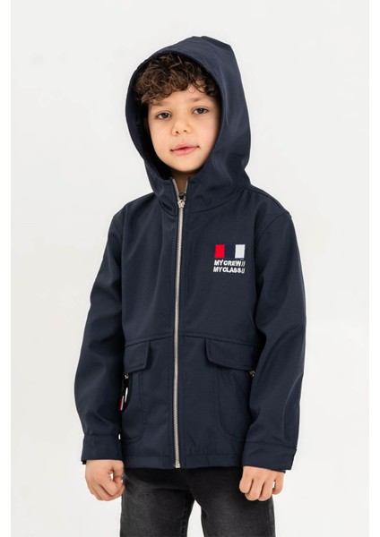 Kapüşonlu Fermuarlı Nakış Süslemeli Su Geçirmez Erkek Çocuk Ceket