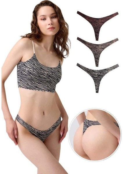 Basic Desenli Lazer Kesim Kadın Tanga Külot 3'lü Paket-1
