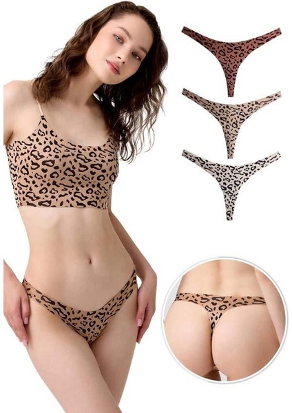 Basic Desenli Lazer Kesim Kadın Tanga Külot 3'lü Paket-2