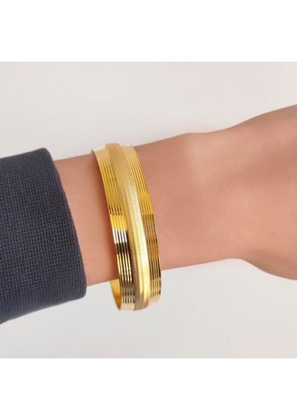 Bz 22 Ayar Altın Kaplama 15 mm Dikey Çizgili Bilezik BLZ-1104 fiyatları