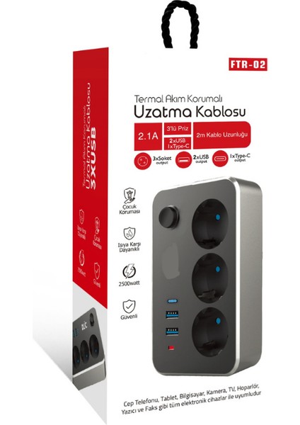 Termal Akım Korumalı Isıya Karşı Dayanıklı 3'lü Priz 3 x USB 2 mt Kablo Ftr-02