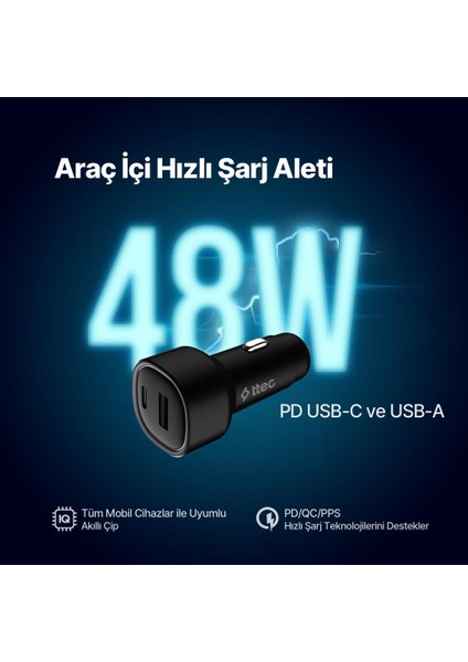 Smartcharger Duo Pd 48W Araç Hızlı Şarj Aleti Usb-C+Usb-A - Usb-C-Usb-C 3A Kablo