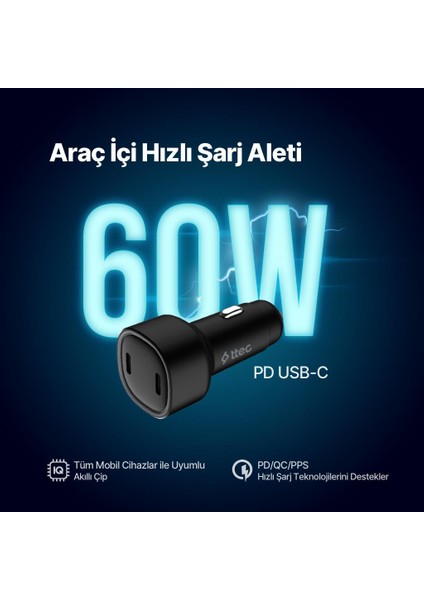 Smartcharger Duo Pd 60W Araç Hızlı Şarj Aleti Usb-C+Usb-C