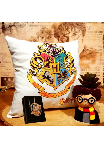 Harry Potter Biblo Saksı & Magic Puf Yastık & Time Turner Kolye 3'lü Hediye Seti