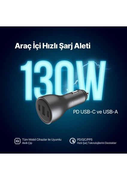 Smartcharger Trio Pd 130W Araç Hızlı Şarj Aleti 2 Usb-C+Usb-A