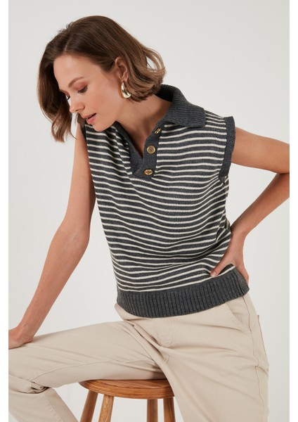 Çizgili V Yaka Triko Süveter Kadın Süveter 4616171