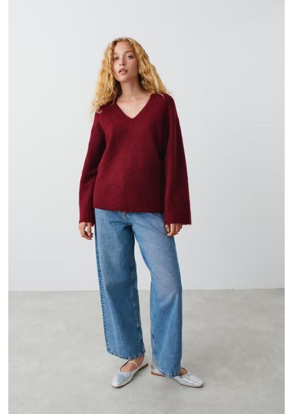 Bordo V Yaka Oversize Kadın Triko Kazak MG2149