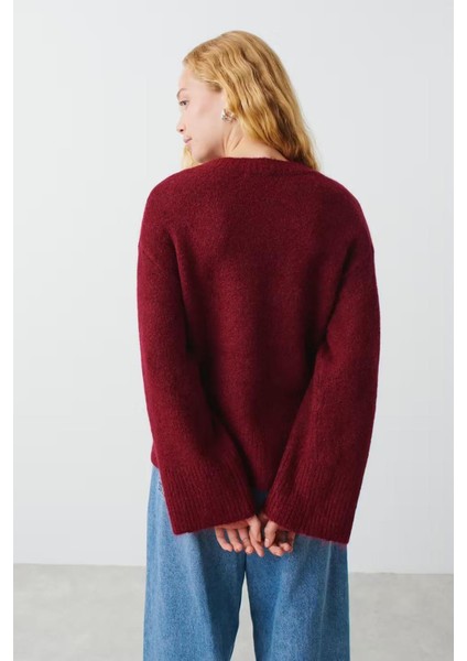 Bordo V Yaka Oversize Kadın Triko Kazak MG2149