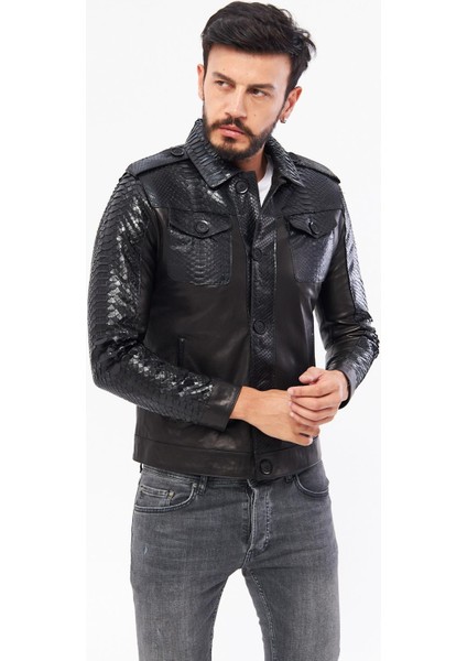 DER721P Hakiki Piton Derisi Erkek Siyah Mont
