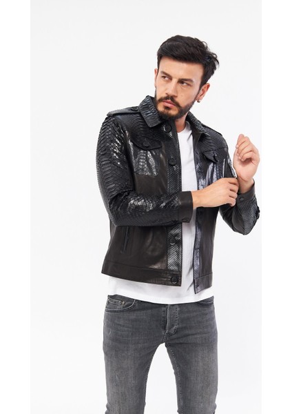 DER721P Hakiki Piton Derisi Erkek Siyah Mont fiyatları