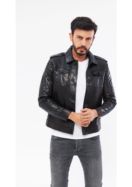 DER721P Hakiki Piton Derisi Erkek Siyah Mont modelleri