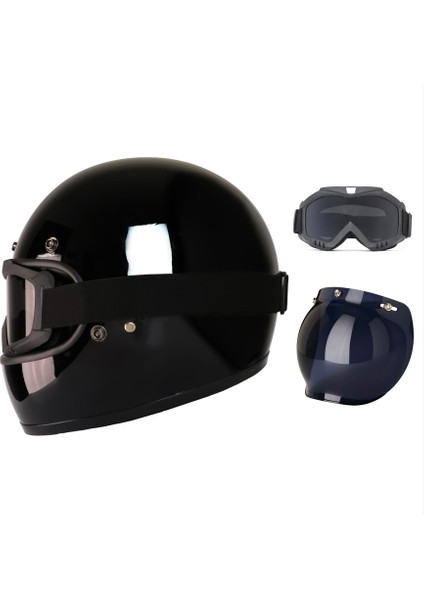 Motosiklet Retro Kask Harley Cafe Racer Vespa Modüler ve Anti Uv Cross Gözlüklü Motor Kaskı Black