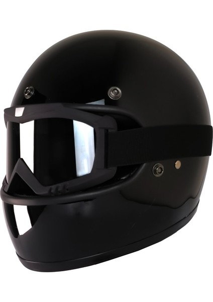 Motosiklet Retro Kask Harley Cafe Racer Vespa Modüler ve Anti Uv Cross Gözlüklü Motor Kaskı Siyah