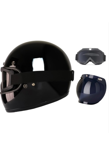 Motosiklet Retro Kask Harley Cafe Racer Vespa Modüler ve Anti Uv Cross Gözlüklü Motor Kaskı Siyah