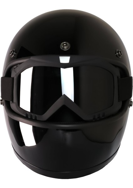 Motosiklet Retro Kask Harley Cafe Racer Vespa Modüler ve Anti Uv Cross Gözlüklü Motor Kaskı Siyah