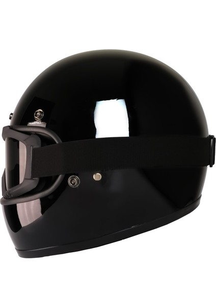 Motosiklet Retro Kask Harley Cafe Racer Vespa Modüler ve Anti Uv Cross Gözlüklü Motor Kaskı Siyah
