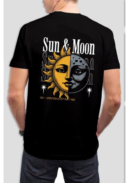 Güneş ve Ay Baskılı Siyah Tişört C938